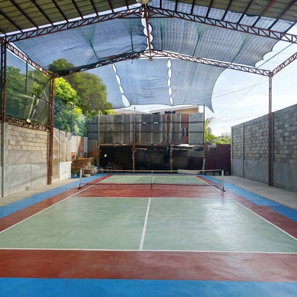 Doke Sports Center pickleball court with its net up and fresh white lines