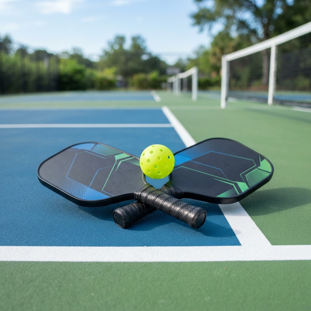 Pickleball paddles and ball on the court