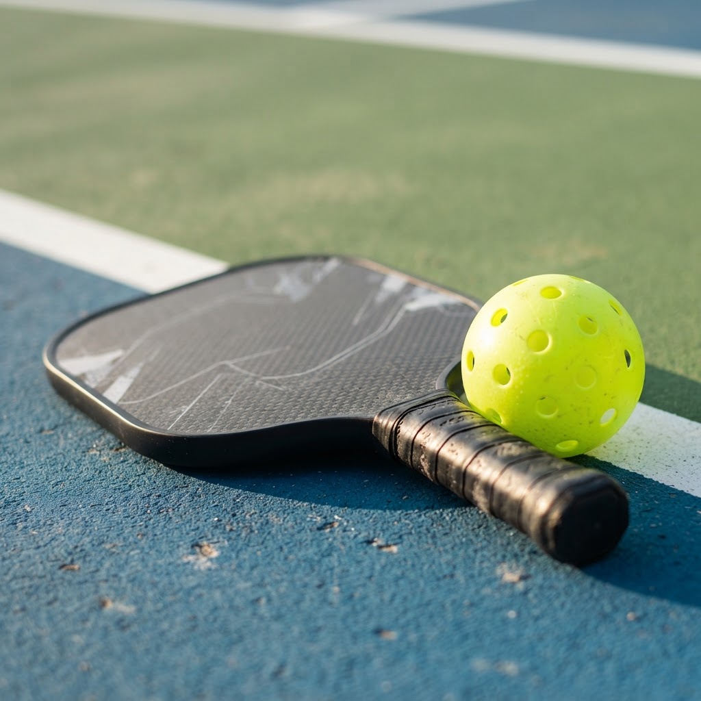 Pickleball paddle and ball on the court